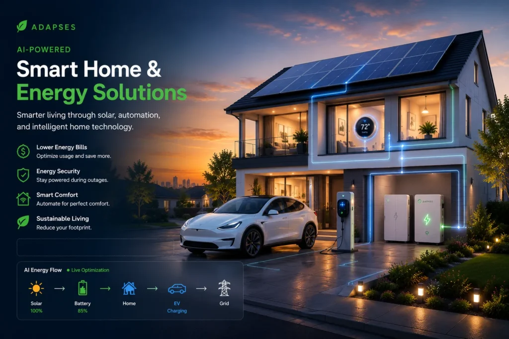 AI powered smart home with solar panels battery storage and EV charging