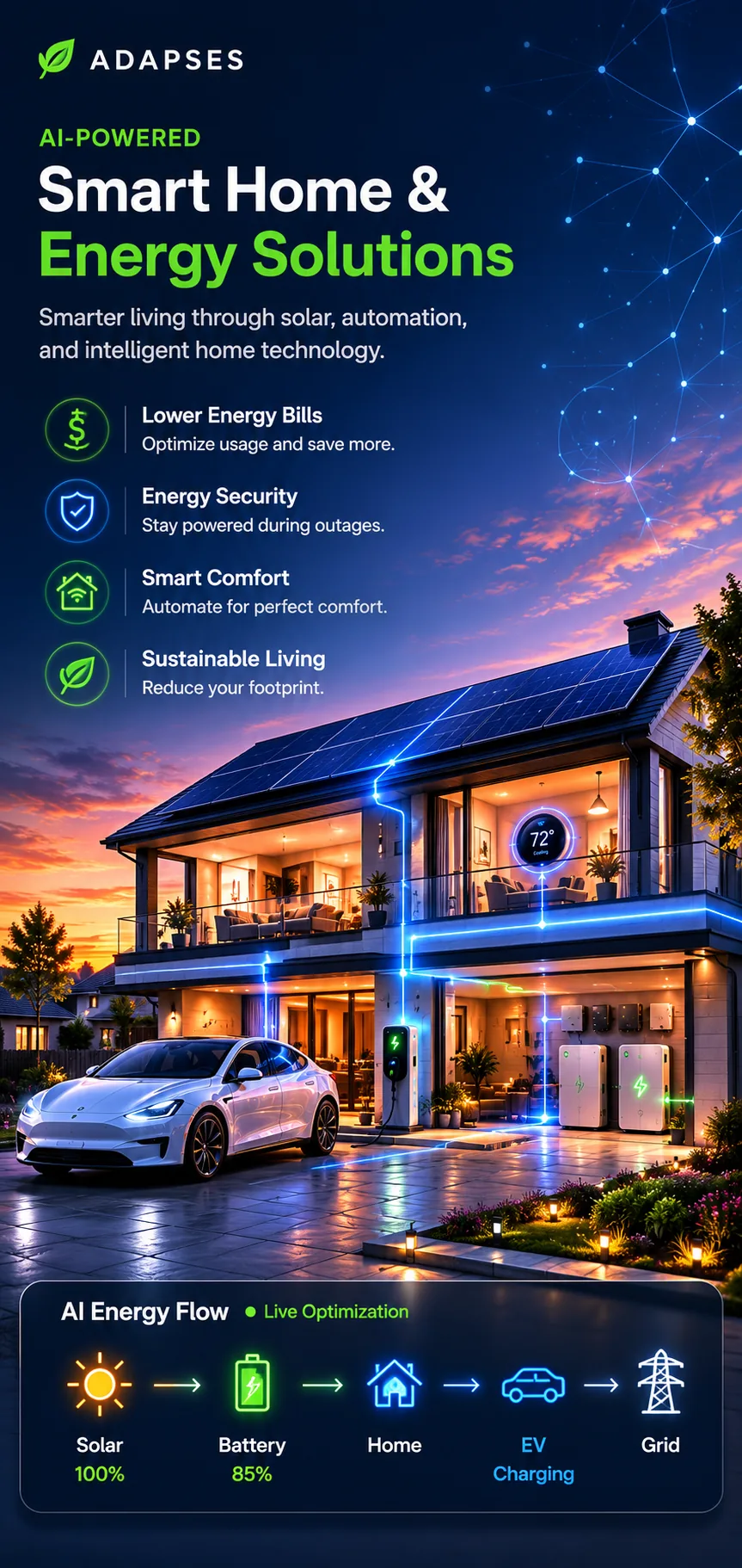 AI powered smart home with solar panels battery storage and EV charging