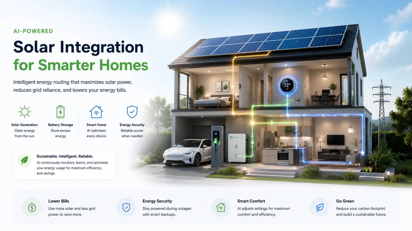 AI solar smart home system showing battery storage and energy routing